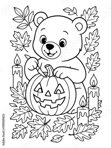 Halloween Bear and Pumpkin Carving: A cute bear carefully carves a grinning jack-o'-lantern, surrounded by autumn leaves and glowing candles.