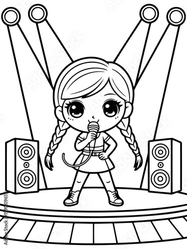 Enchanting Stage Performance: A captivating illustration of a young singer illuminated by spotlights on stage, showcasing charm and charisma.