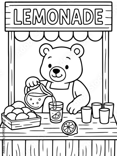 Lemonade Stand Delight: A charming bear cheerfully pours lemonade at his roadside stand, inviting you to savor the refreshing taste of summer. A scene of simplicity.