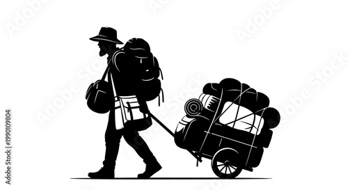 Man pulling luggage cart with bags.