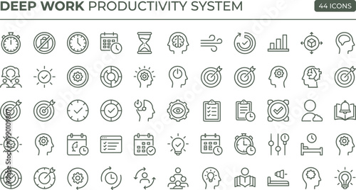 Deep Work Productivity System Outline Icon Set with Focus Time Management Concentration Tracking and Workflow Tools for Apps