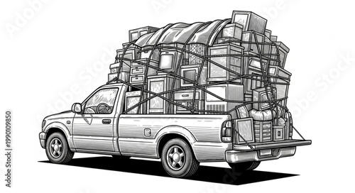 Pickup truck overloaded with many bags and boxes for transport.