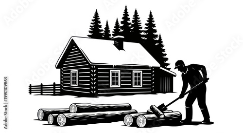 Man splitting logs with axe outdoors.