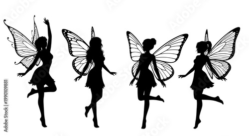 Silhouette of four dancing fairies.