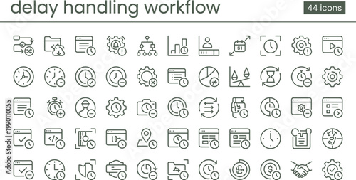 Delay Handling Workflow Outline Icon Set with Time Management Scheduling Monitoring and Process Optimization Tools for Apps