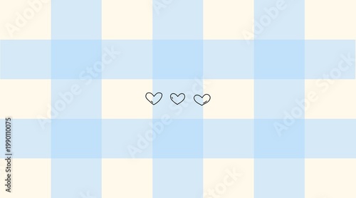 Billede på lærred Blue Gingham Pattern Background with Minimalist Heart Icons
