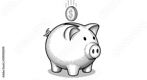 Piggy bank with coin dropping into slot illustration.