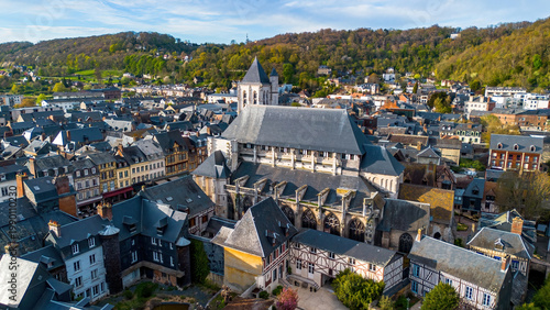 Tableau sur toile Aerial view of the historic Saint-Ouen church surrounded by half-timbered houses