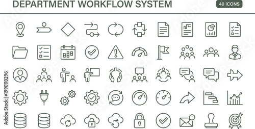 Department Workflow System Outline Icon Set with Business Process Management Communication Coordination and Organizational Tools for Apps