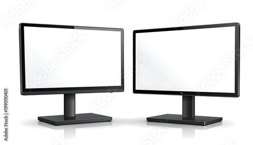 Two black computer monitors side by side on white background