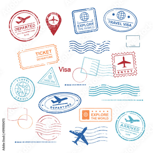 Collection of Vintage Travel Stamps, Passport Markings, and Visa Seals