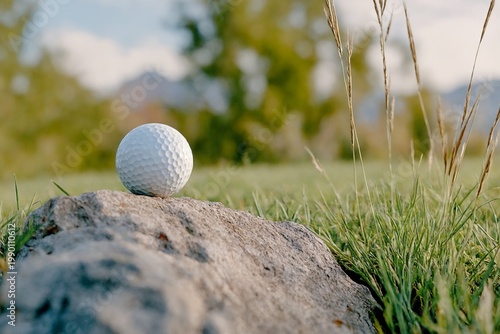 Golf ball on rock with grass and blurred background