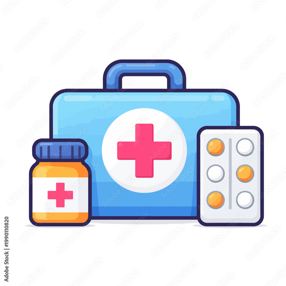 Fototapeta premium First aid kit and medical supplies with pills and capsules for emergency health care and treatment