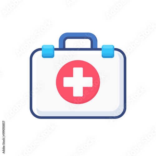Flat design illustration of a medical first aid kit box with a red cross symbol on a white background