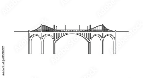Architectural drawing of a large suspension bridge with arches.