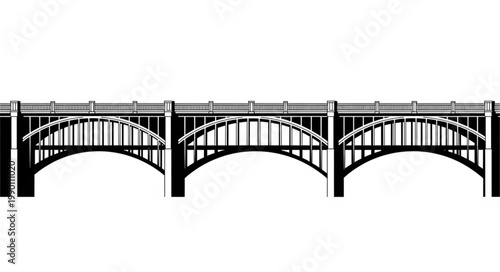 Black and white silhouette of a large arched bridge.