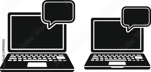 Laptop communication icon set, online chat illustration, digital messaging vector, remote work technology design, black white computer speech bubble graphics