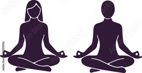 Couple meditating in yoga pose, zen, wellness, and mindfulness, simple silhouette.