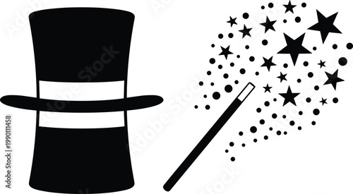Magic icons, magician hat, magic wand, sparkling stars, illusion symbol, fantasy design, performance art, wonder effect, mystical vector, enchantment