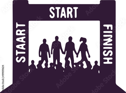 Crowd of people at start and finish line of race, start and finish gates, celebration.