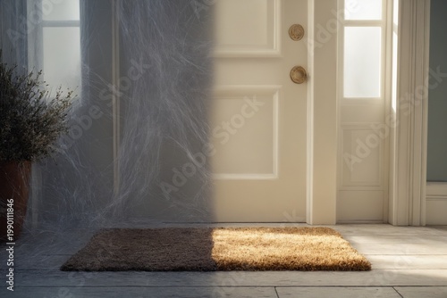 Doormat with cobwebs before and after cleaning at entrance