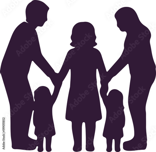 Family of four, parents holding hands with two children, silhouette, unity, togetherness.
