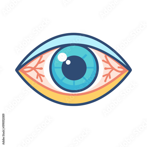Close up of a healthy human eye with blue iris and visible blood vessels in the sclera, illustration