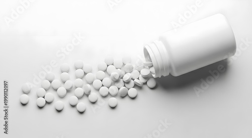 Photorealistic flat lay of white pills spilling from a plain white plastic bottle tilted on a clean white background minimal medical concept organic random arrangement ultra sharp focus soft even stud