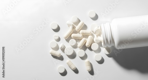 Top view photorealistic composition of white tablets scattered from an unlabeled white bottle minimal healthcare scene clean sterile surface balanced layout natural random distribution soft diffused l