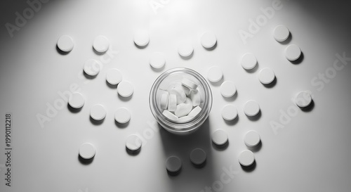 Photorealistic top down view of white medication tablets scattered from a clean unlabeled plastic bottle minimal composition healthcare concept sterile white background soft light diffusion subtle sha