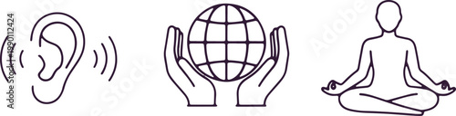 Listening ear, hands holding globe, and person meditating icons on transparent background.
