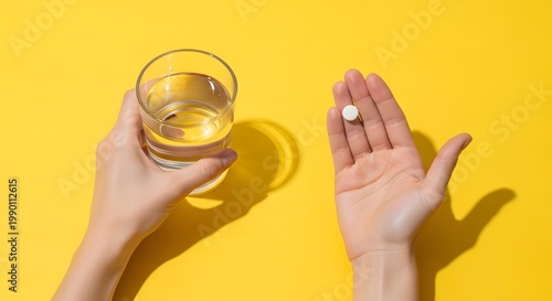 Flat lay photorealistic image of human hands one holding transparent glass water and one holding pill minimal design bright yellow backdrop clean clinical composition realistic reflections high clarit