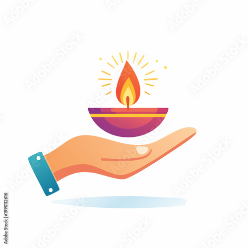 Stylized illustration of a human hand gently holding a glowing traditional oil lamp.
