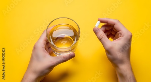 Top down photorealistic shot of hands holding medicine pill and drinking water glass minimal modern healthcare concept bold yellow background balanced composition realistic lighting glass transparency