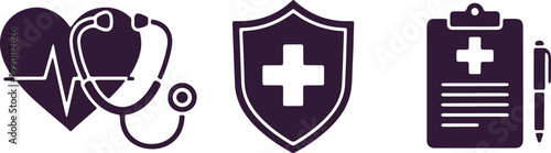 Set of healthcare icons stethoscope heart beat rhythm shield with cross symbol and medical record with pen.