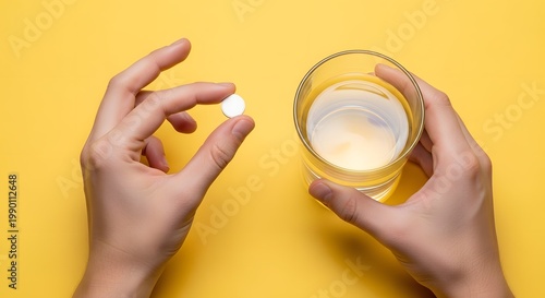 Person holds a pill and a glass of water on yellow background