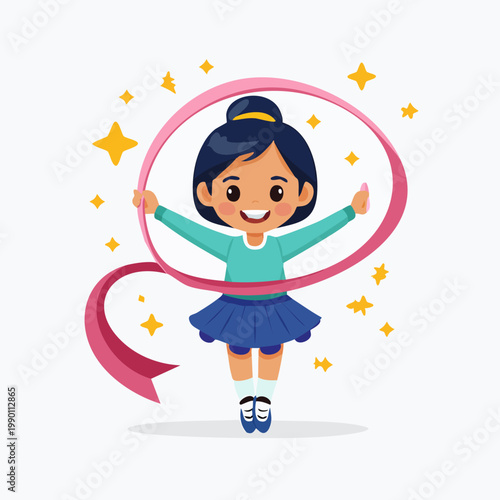 A cheerful cartoon girl performs rhythmic gymnastics with a flowing pink ribbon and sparkling stars.