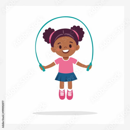 A cheerful cartoon girl with pigtails is happily jumping rope, illustrating childhood activity.