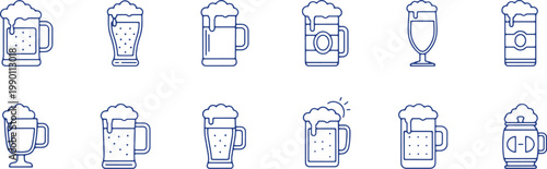 Assortment of unique beer mugs and glasses with foam and handles for celebrations.