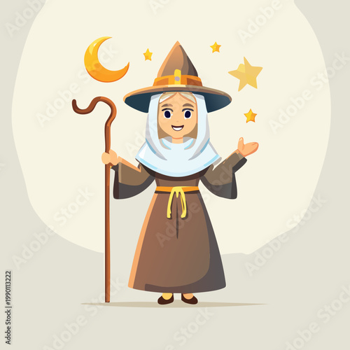 Illustration of a magical character wearing a wizard hat and robe, holding a staff with celestial elements.