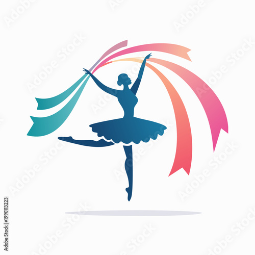 Graceful ballerina silhouette dancing with flowing colorful ribbons on a clean white background