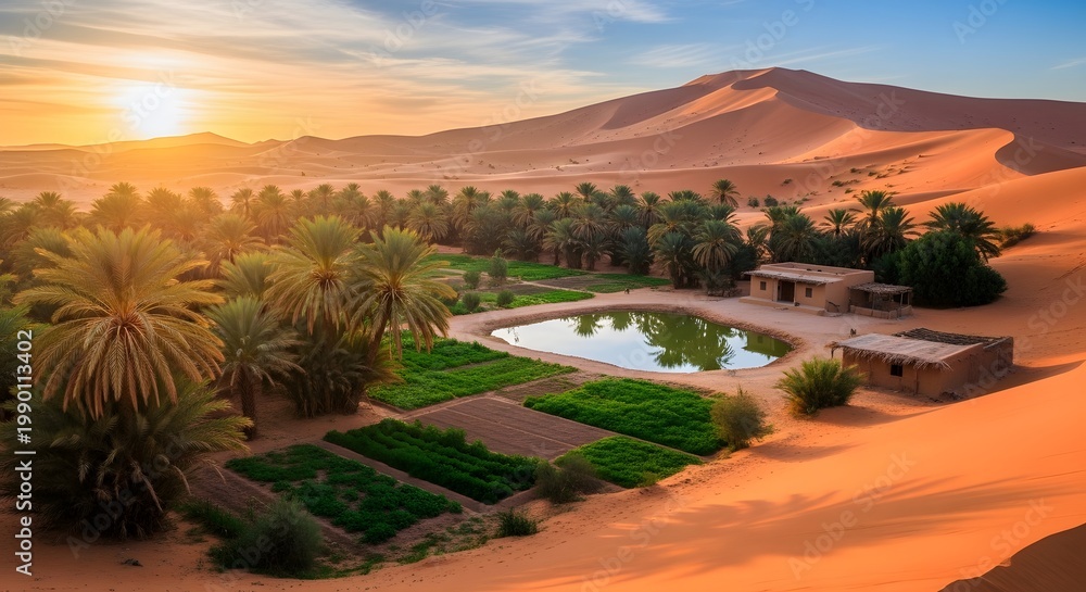 Fototapeta premium Oasis in the Sahara Desert at Sunset with Palm Trees and Buildings.