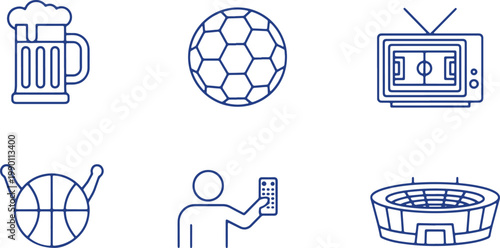 Beer mug soccer ball television and stadium representing sports and recreation theme.