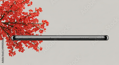 Sleek modern smartphone lying horizontally beside a vibrant red flowering tree branch on a neutral backdrop, technology and nature juxtaposition