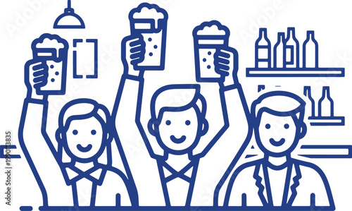 Friends toasting with beer glasses in a social gathering outline drawing.