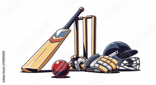 Detailed vector illustration of professional cricket equipment, featuring a wooden bat, red ball, wicket, and protective gear, ready for an intense sports competition