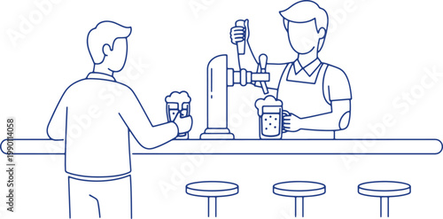 Bartender serving customer beer from tap outline drawing at counter.