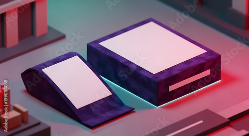 Abstract isometric scene with two glowing boxes, one curved and one rectangular, on a dark textured surface with futuristic city elements in the background, vibrant neon lighting