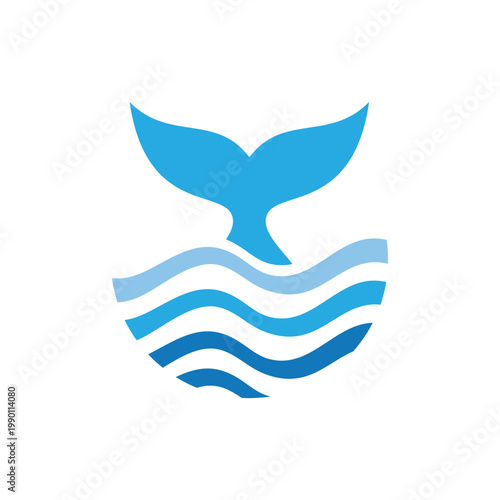 Whale tail animal logo design with water waves concept.