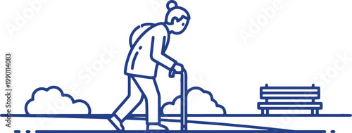 Elderly person walks with cane through park near bench and trees, symbolizing aging and outdoor recreation.